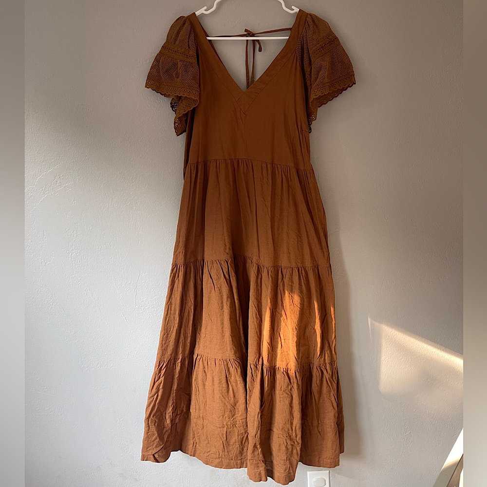 Old Navy Women’s Camel Brown Midi Flutter Sleeve Tie Back Dress XL